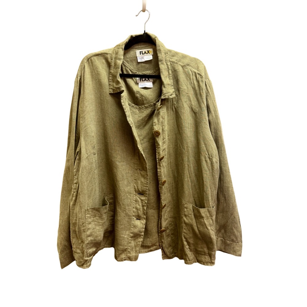 Flax 100% Linen 2 Piece Set Jacket & Tank Top Olive Green Generous 1G Womens